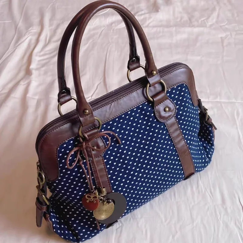 

Корейская ретро-сумка в горошек, большая многофункциональная сумка-портфель из кожи с лоскутным шитьем, стильная сумка в стиле преппи, повседневная сумка для поездок на работу