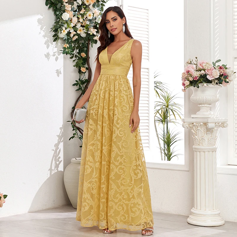 Women Summer 2025 Elegant Sleeveless V Neck Backless Yellow Lace High Waist Prom Cocktail Evening Party Long Maxi dresses