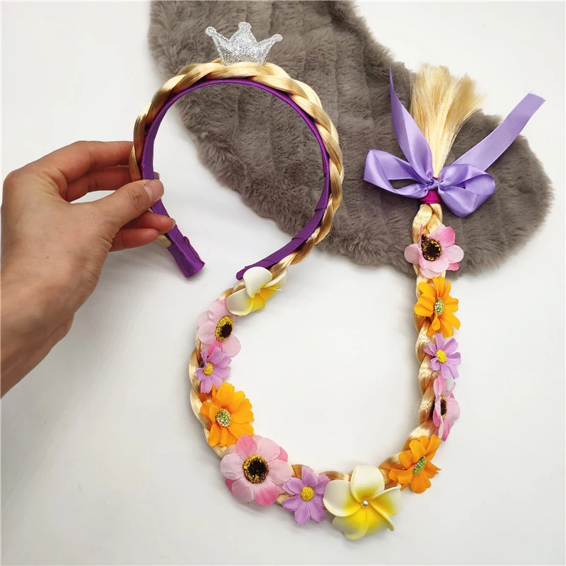 Girls Halloween Rapunzel Cosplay Wig Girl Fairy Flowers Weaving Braided Headband Kids Birthday Party Headwear Children Gifts