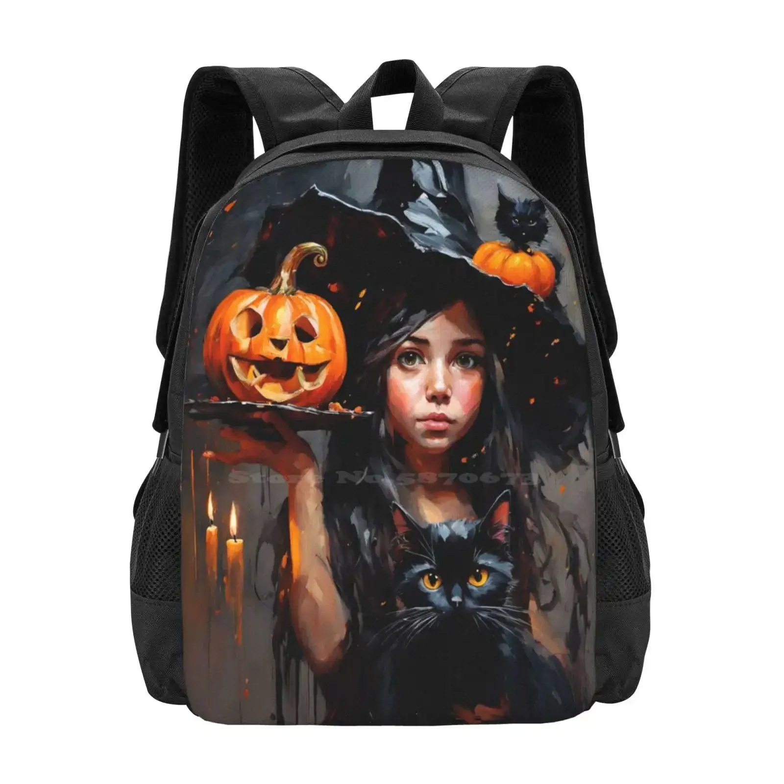 

Pumpkin Witch With Cat Hot Sale Schoolbag Backpack Fashion Bags Cute Pumpkins Cat Kitten Black Gothic Candles Witch Hat Girl