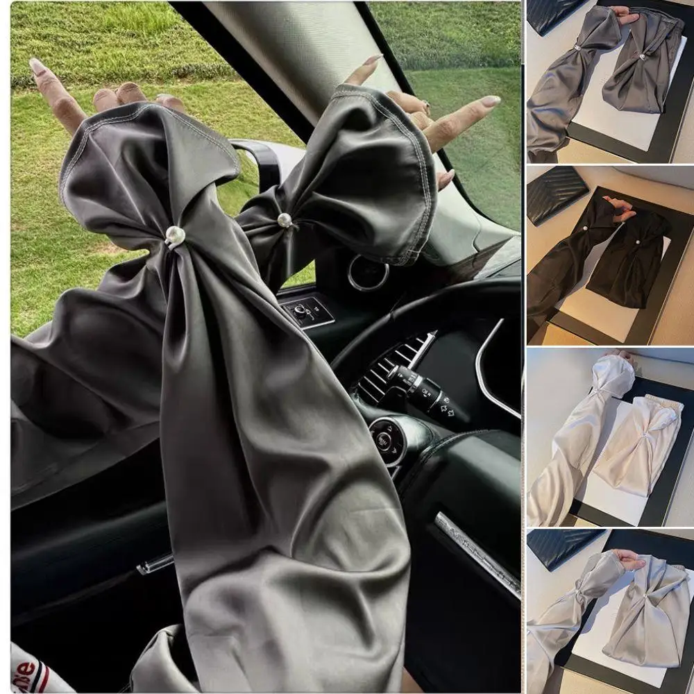 

Fashion Satin Thin Fingerless Ice Sleeve Outdoor UV Protection Loose Sleeves Driving Gloves Adjustable Pearl Buckle Sleeve Cover