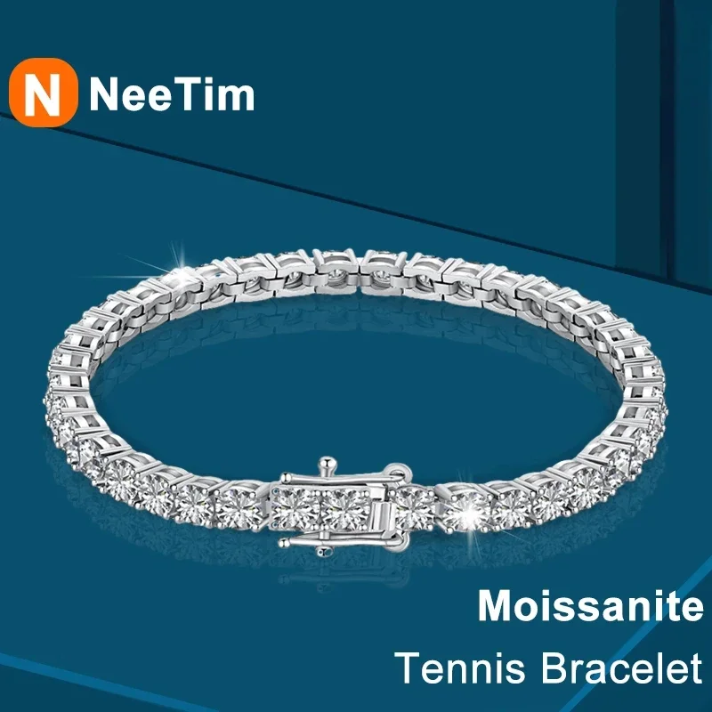 NeeTim 2mm 3mm 4mm 5mm Moissanite Tennis Bracelet Diamond 925 Sterling Silver With Gold Plated GRA Bracelets For Women Men