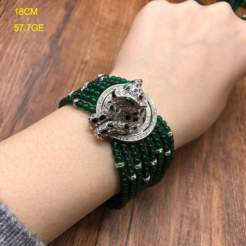 Retro multi-layer green glass bead beaded three-dimensional leopard copper necklace bracelet ring