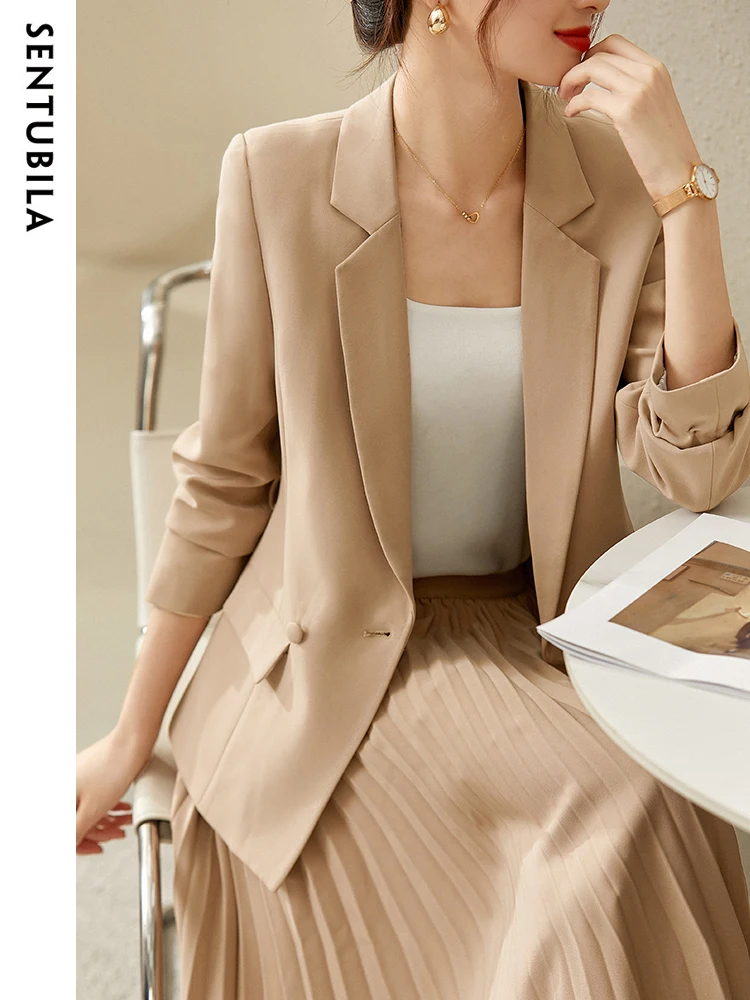 SENTUBILA Women Elegant Blazer Suit Set 2024 Spring Two Piece Outfits Blazer Pleated Skirt Office Business Work Wear 123Z43884X