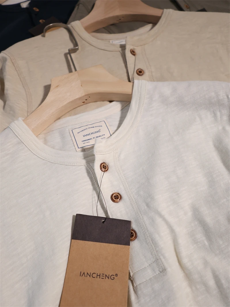 Lightweight Bamboo Cotton Linen ort Sve T-irt Men's Summer Breathable  Color Casual Henry Collar Hard Man T-irt