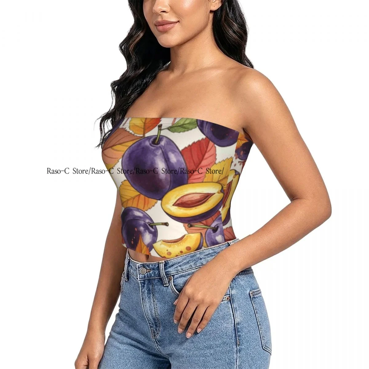 Strapless Sexy Tube Tops Summer Outfits Women Backless Shoulder Wrap Plums And Leaves Illustration Female Crop Top