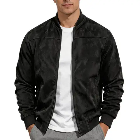 Men Faux Suede Bomber Jacket Zip Up Stand Collar Long Sleeve Casual Outerwear Autumn Winter Men Coat