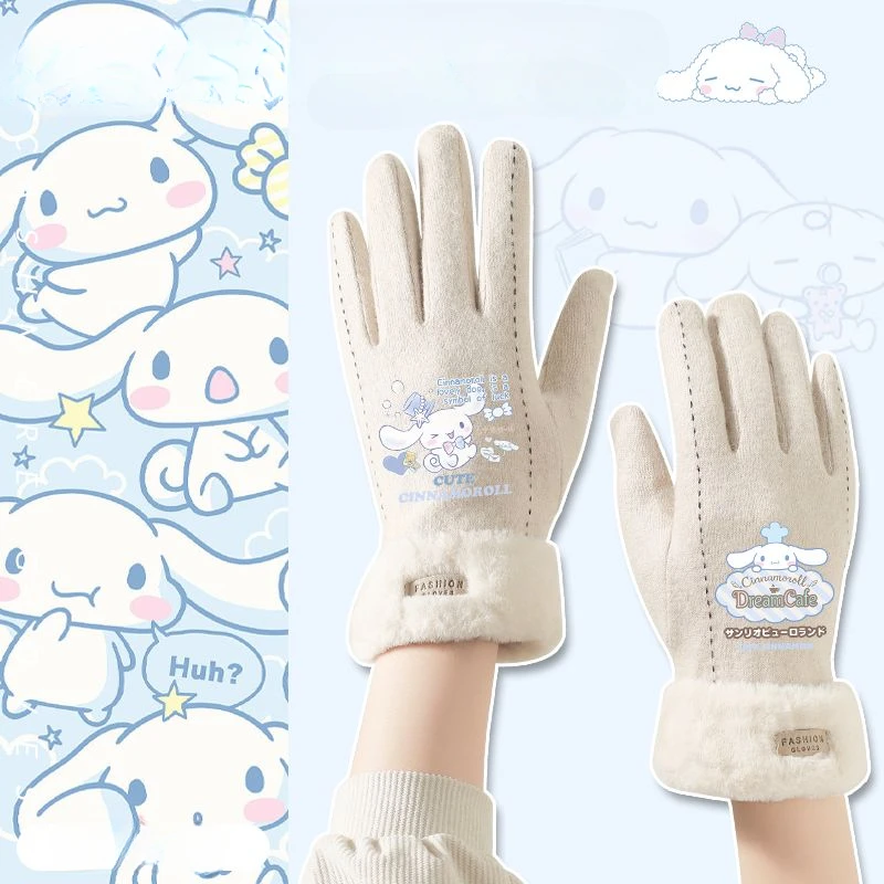 New Sanrio Cinnamoroll Glove Outdoors Cycling Windproof Add Velvet Five Finger Gloves Winter Keep Warm Cold Proof Glove Gifts