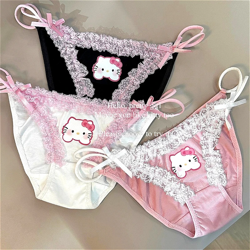 Hot Hello Kitty Cute Girls Panties Sanrio Lace Sweet Sexy Briefs Womens Underwear Low Waist Pink Young String Femme Lingerie