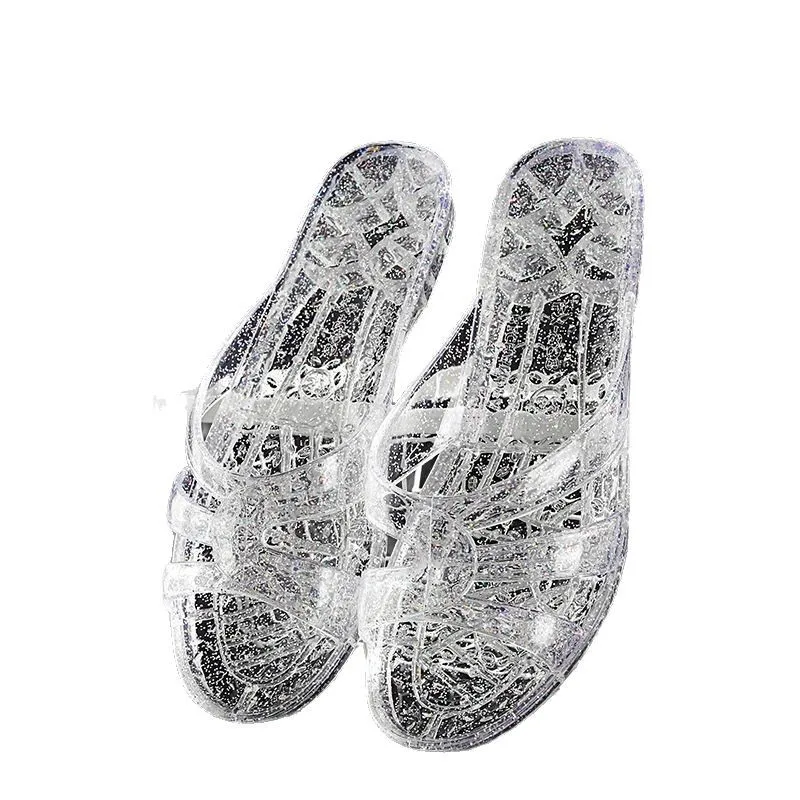 Korean Glitter Crystal Transparent Slippers Clear Low Heels Slippers For Heel Women Summer House Shoes Black Fashion Sandals