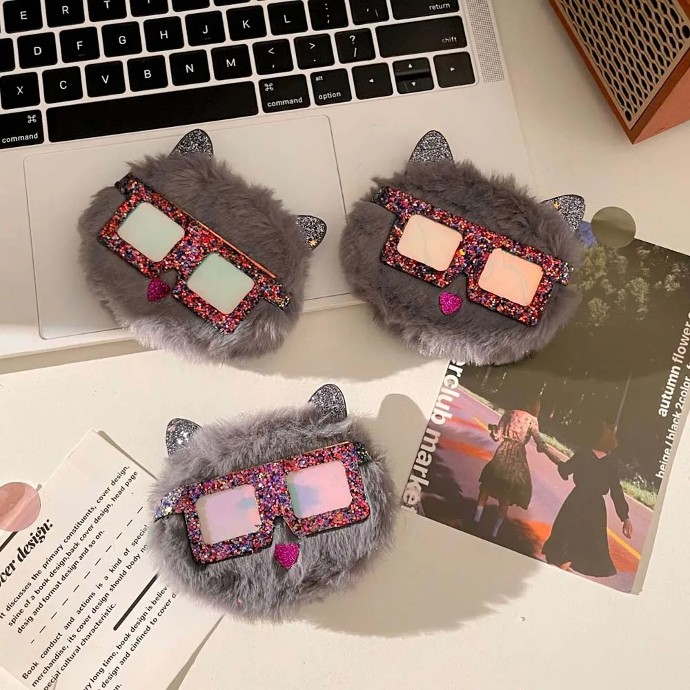 Two-sided Plush Cartoon Cat Mirror Compact Cosmetic Mirror Animal Sunglasses Cat Fold Makeup Mirror 2x Magnifying Cosmetic Tools