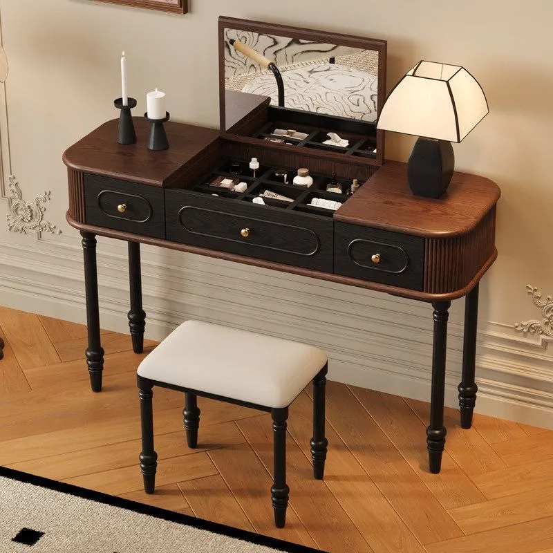 French retro double-color dresser, American flip top with mirror integrated solid wood makeup table red oak