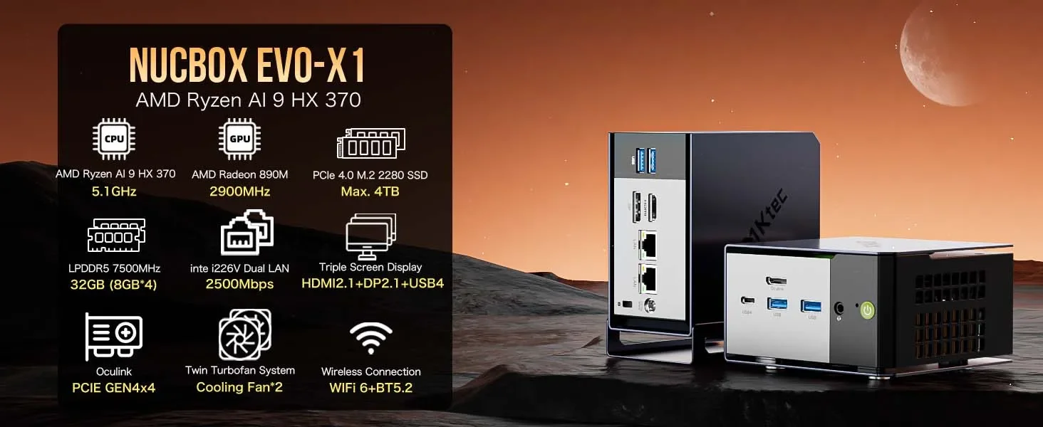 GMKtec EVO-X1 AMD AI 9 HX 370 mini pc de 12 núcleos Win 11 Pro