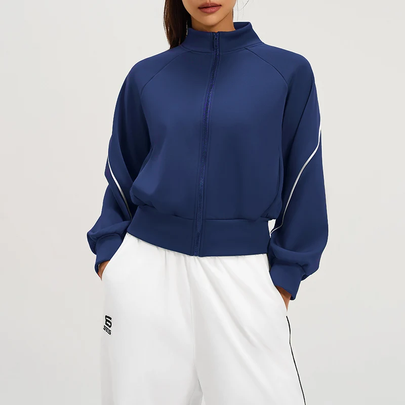 Outdoor Fleece-Lined Sports Jacket Women Fall Winter Warm Running Cycling Sports Coat American Contrast Color Striped Sportswear