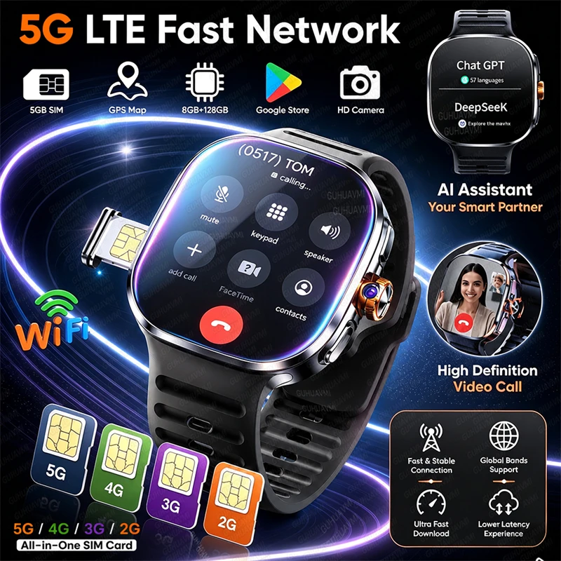 2026New 5G SIM Card Network Smart Watch Men HD Dual Camera 64GB ROM NFC GPS Wifi Sports Waterproof Google Play Smart Bracelet