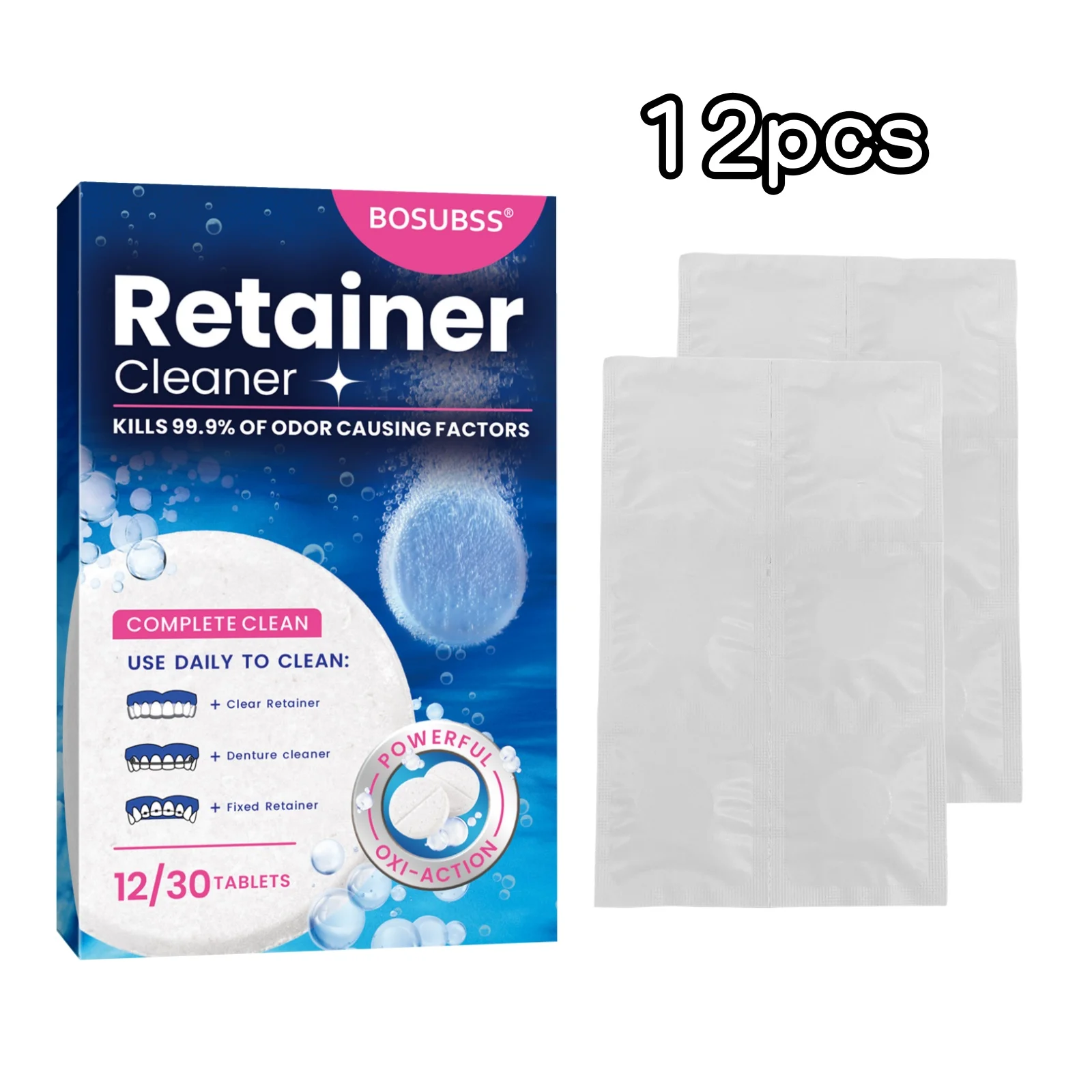 12pcs Menthol Denture Cleaning Tablets, Retainer Aligner Effervescent Tablets, Disposable Aluminum Foil Bag Oral Braces Cleaner