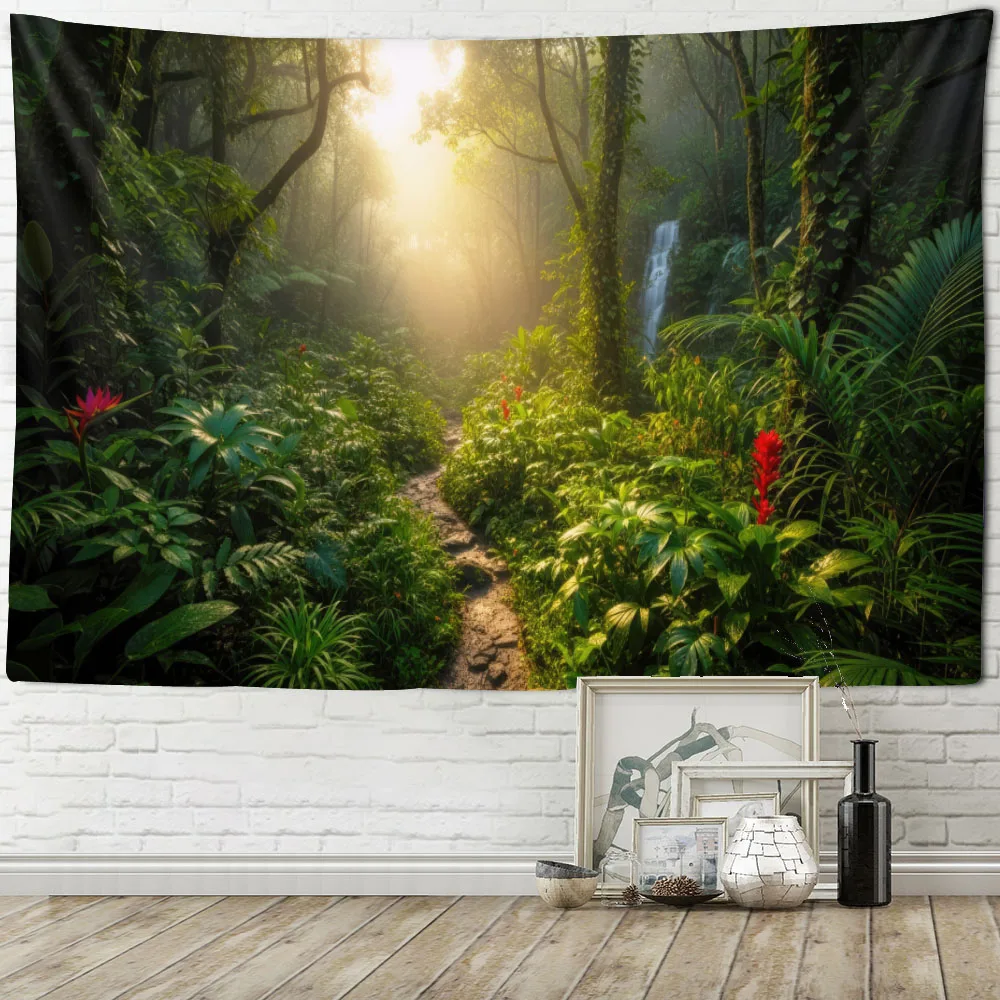 Mysterious Forest Green Tree & Waterfall Tapestry Wall Hanging Aesthetic Room Sofa Living Room Bedroom Decor