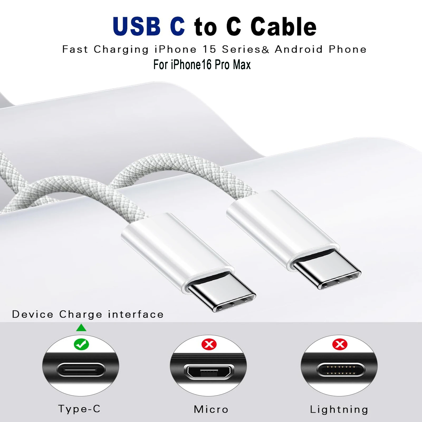 60W Nylon Braided USB-C to USB-C Fast Charging Cable for iPhone 16/15, Samsung S24/23/22, iPad Pro, Macbook Air/Pro.