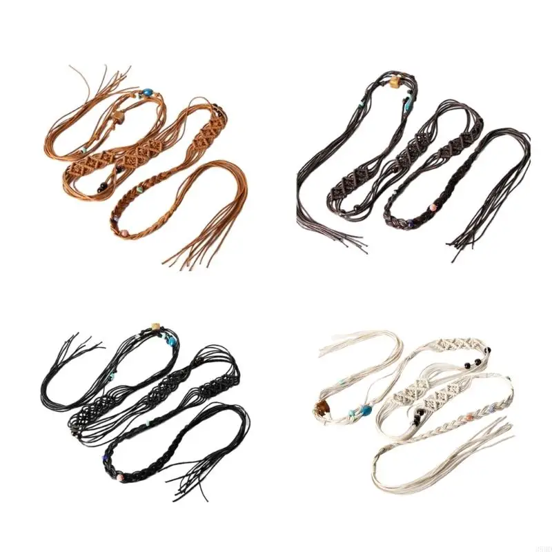 652F Ladies Bohemian Wide Waist Belt Delicate Beads Decors Braided Belt for Summer Dress Women Dress Taking Photo Waist Belt