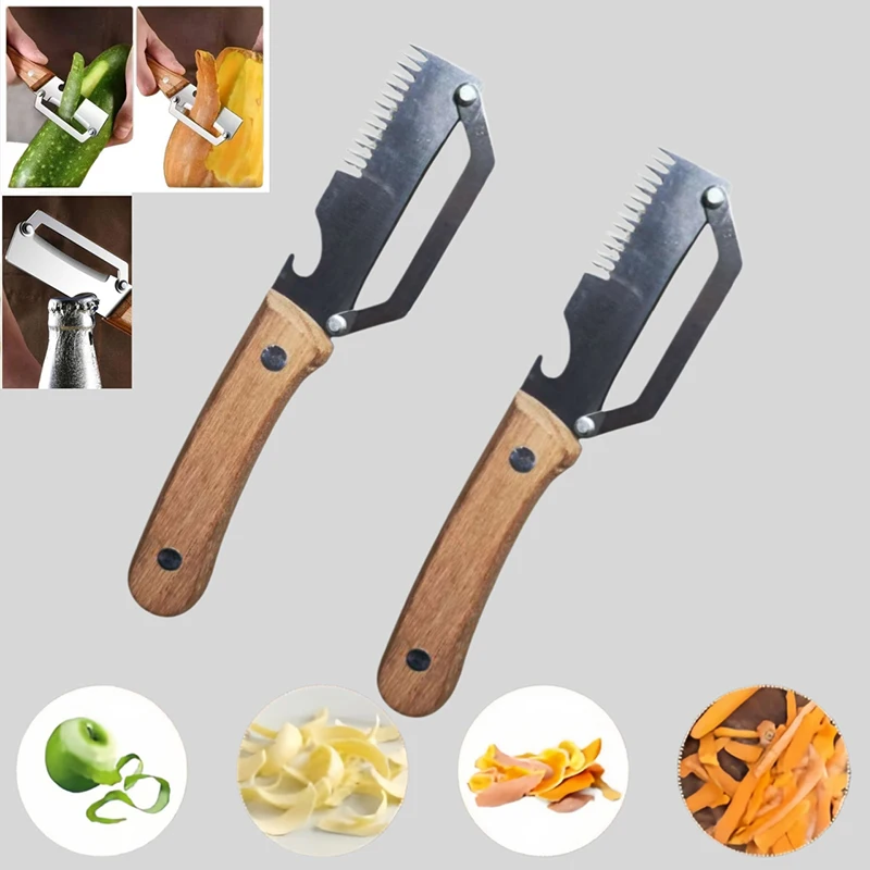 Multifunctional Wooden Handle Vegetable Peeler Stainless Steel Blade Kitchen Tool for Peeling and Slicing Fruits and Vegetables