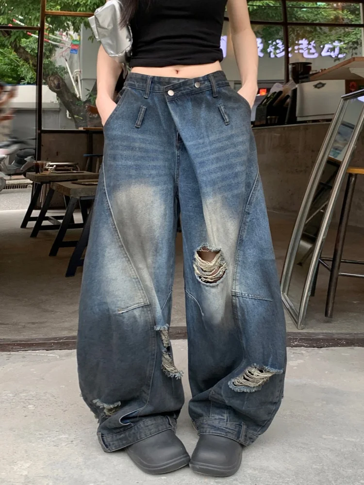 

2025 Ropa Y2K Grunge Dirty Washed Blue Old Baggy Stacked Ripped Jeans Pants For Women Clothing Wide Leg Punk Lady Denim Trousers