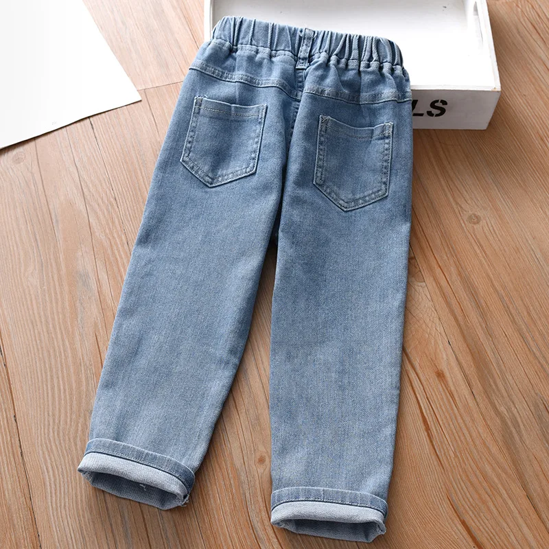 Girls Cartoon Embroidery Jeans 2023 Fashion Autumn New Baby Kids Casual Elastic Waist Pockets Denim Pant Cotton Children\'s Pants