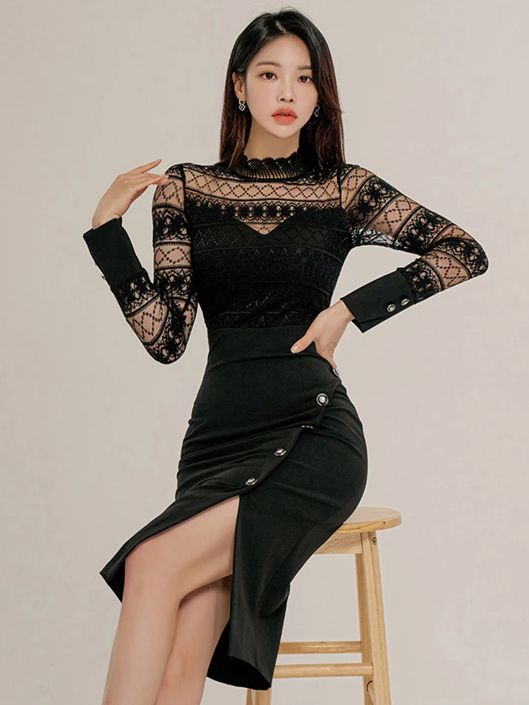 Vintage Elegant Formal Fake 2 Piece Dress for Women Retro Sexy Sheer Lace Single Breasted Slit Robe Work Party Mujer Vestidos