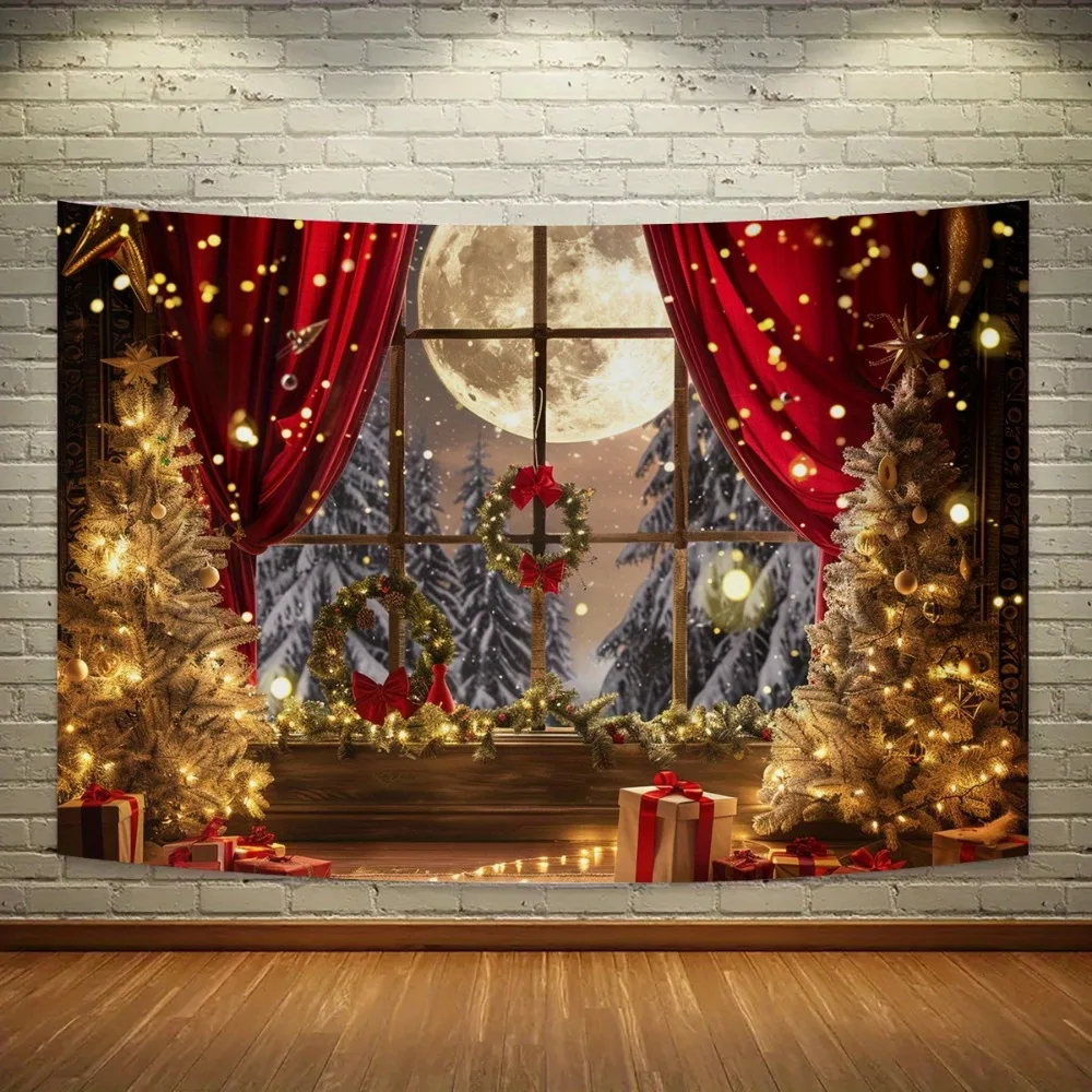 Christmas tree and moon window background banner, 1 polyester photographic background cloth