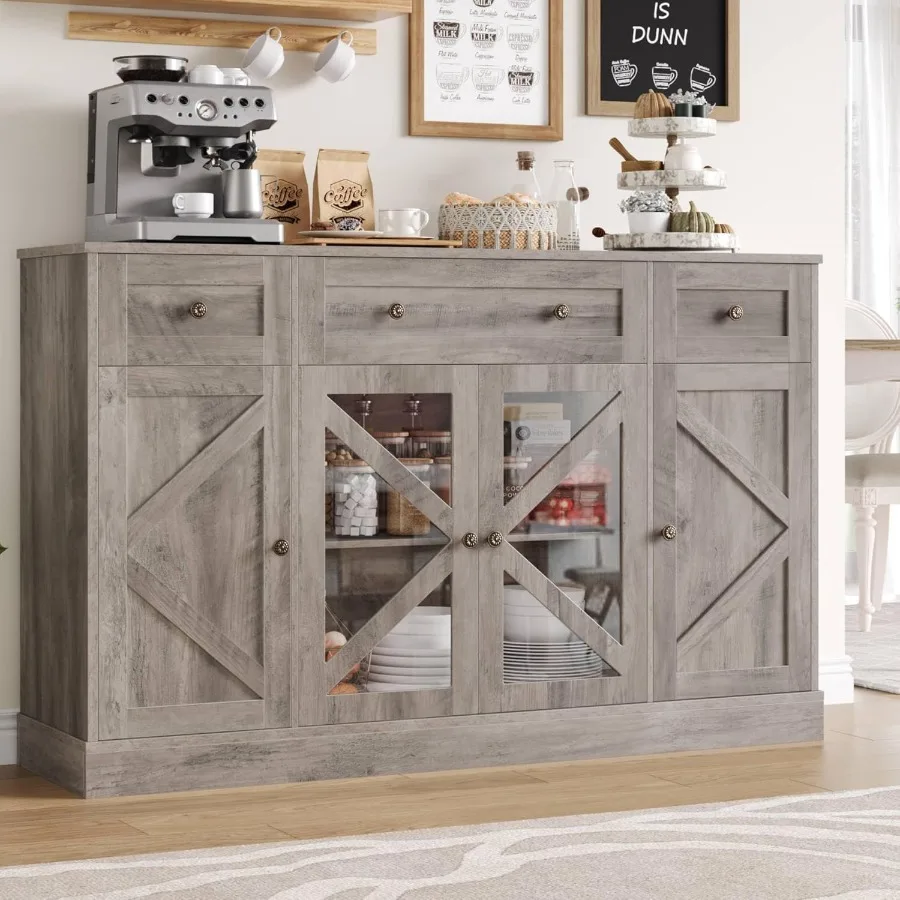 

Buffet Sideboard 55 Large Storage Cabinet 4 Doors and 3 Drawers Farmhouse Wooden Coffee Bar Space-Saved Cupboard Furniture for