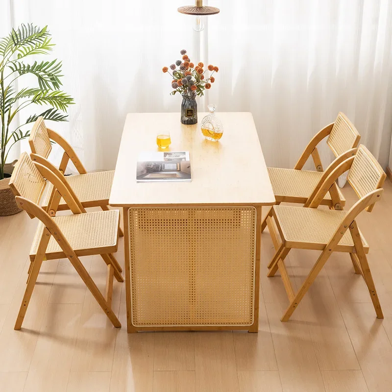 Household dining table bamboo simple rattan table log wind small apartment eating table restaurant