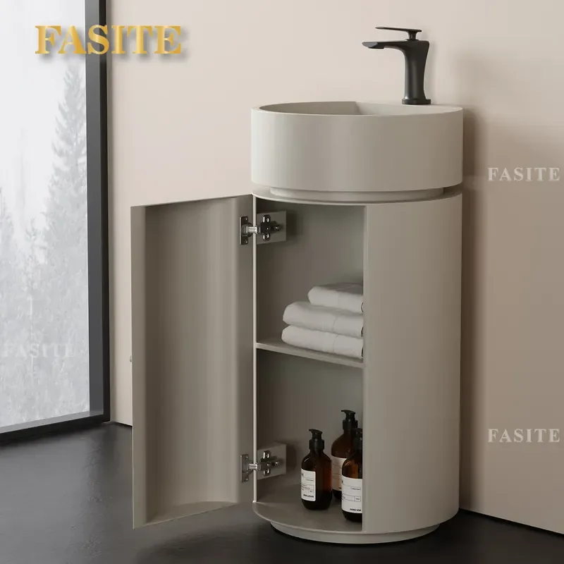 New Chinese Style White Stainless Steel Column Basin Bathroom Floor to Ceiling Washbasin Storage Integrated Sink with Door