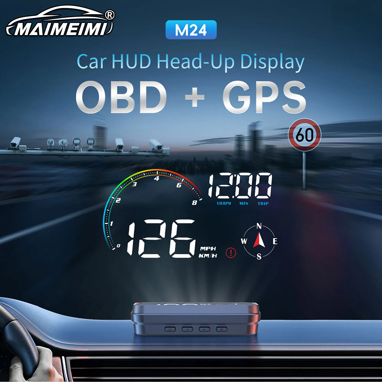 M24 GPS OBD2 Multi Functional Windshield Display Car Head Up Display Speedometer Volt RPM Fuel Level Water Temp Compass Gauge