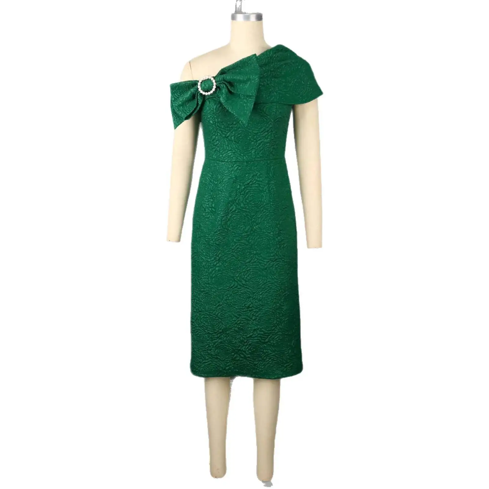 Off-shoulder Plus-size Jacquard Women's Dress With Bow Waist Cinching And Bodycon Midi Skirt, Elegant Party Gown Casual Y2K view 5