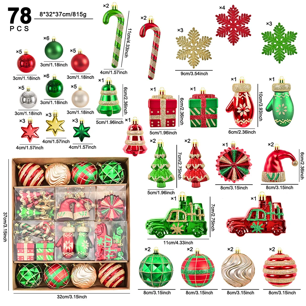 Electroplated Christmas Ornament Set of 78 PCS Bright Red and Green Designs to Elevate Your Holiday Celebrations