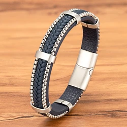 TYO New Arrivel Punk Design Chain Stainless Steel Braid Leather Bracelet for Men Magnetic Buckle Charm Jewelry Gifts Customized