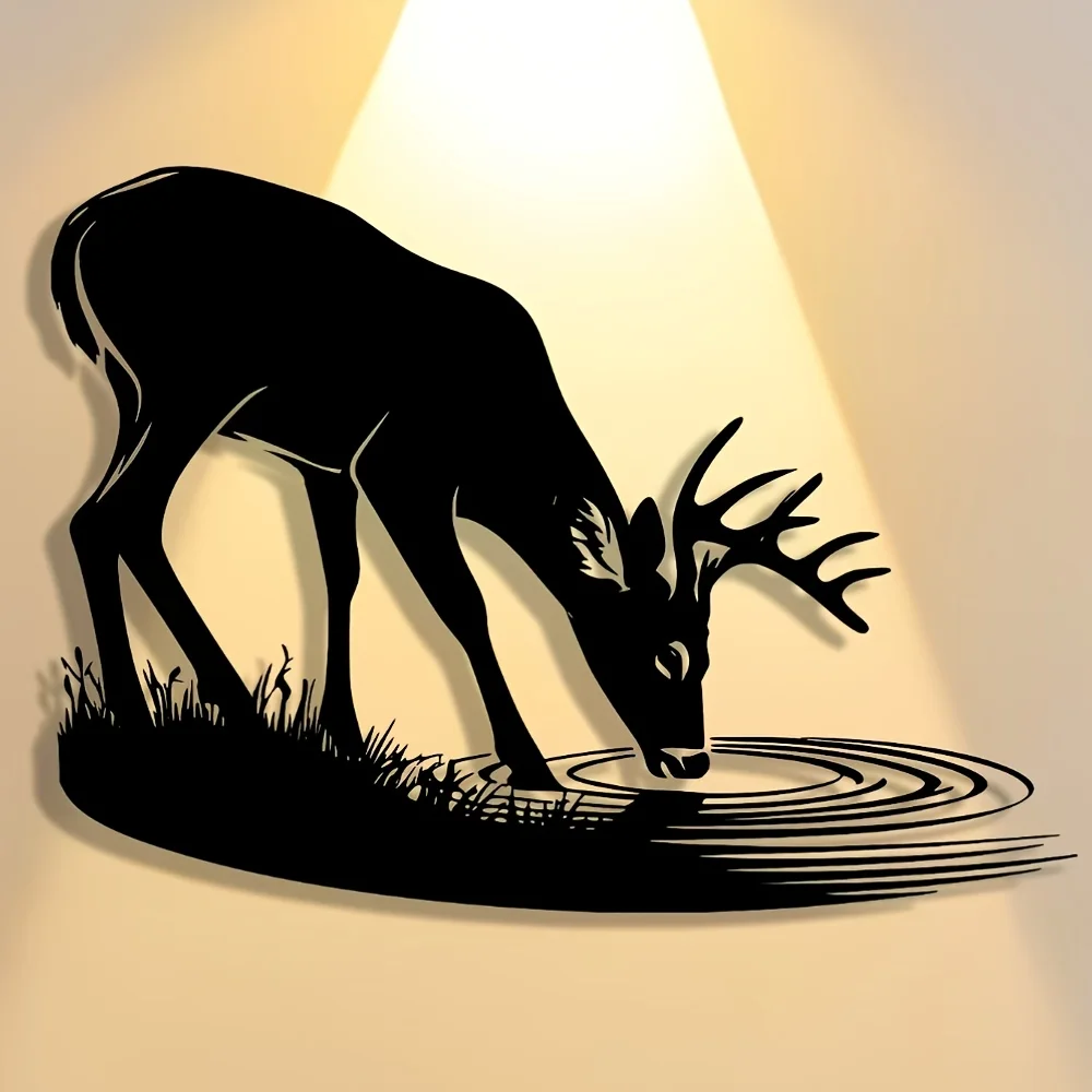 Deer Drinking Water Iron Wall Art Minimalist Metal Hanging Home Office Living Room Patio Rustproof Gift Ornament