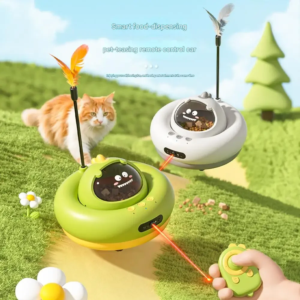 RC Cat Toy Car Smart Food Dispensing Remote Control Car Interactive Laser Cat Toys Obstacle Avoidance Feathers Kitten Teaser Toy