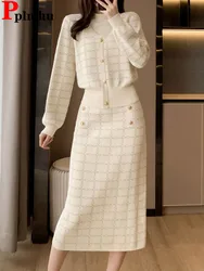 Elegant Slim Plaid Knitted 2 Piece Sets Women Half Turtleneck Sweater Pullover Tops Conjuntos Korean High Waist Skirts Outfit