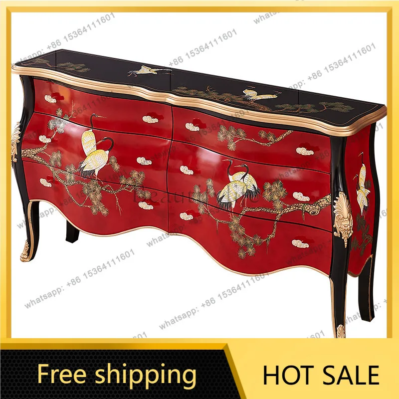 FG new Chinese retro Chinese style red hand-painted pine crane solid wood French entrance decorative cabinet