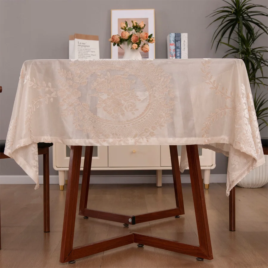 1pc Elegant Lace Edge Table Cover, Rectangular Or Square,  For Kitchen, Dining, Conference Tables, All Seasons StainHome & Party