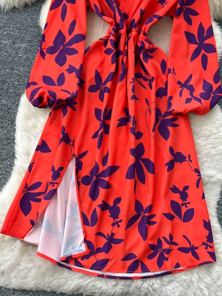 Faionable Vaion Dr Women's High Waist A-Line Printed Gown V-Ne Cross Design Slimming Split Long Sve Commute Ready