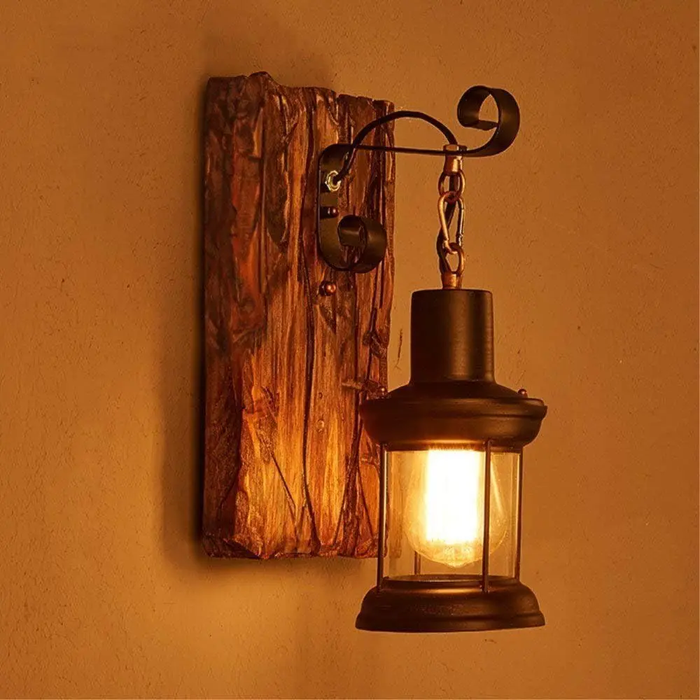 Vintage Solid Wood American Art E26/E27 Lantern Wall Light Bar Café Restaurant Bedroom Retro Glass Wall Sconce Decor Lamp