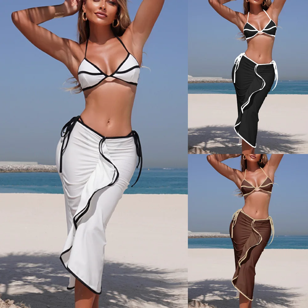 New Solid Color Three-piece Swimsuit Women's Long Dress Bikini Bikini Swimsuit