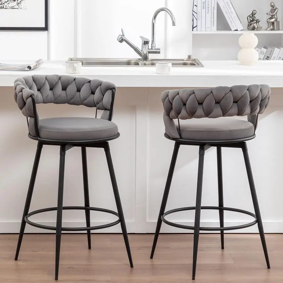 

Bar Stools Set of 2, Modern Barstools with Woven Back, Velvet Counter Height Bar Stools for Kitchen Island, Cafe, Pub, Grey