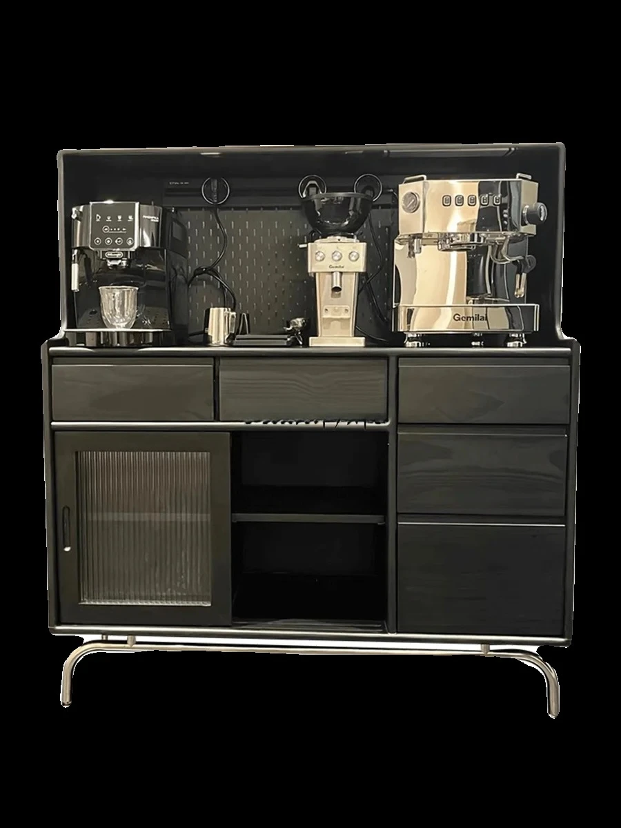 FFSolid wood dining side cabinet, black light luxury cherry wood entrance, log integrated storage against the wall, wine cabinet