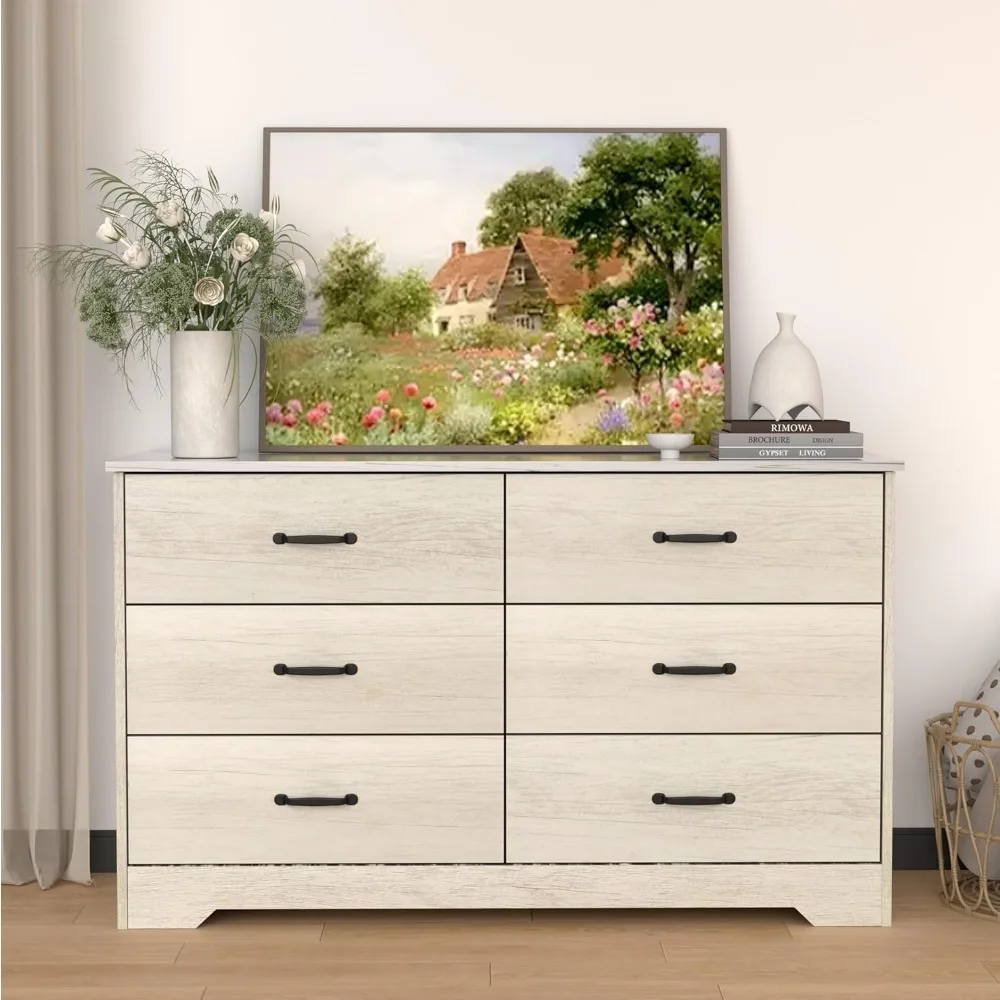 خزانة غرفة نوم مزدوجة ذات 6 أدراج بيضاء مغسولة مع مساحة تخزين وحامل تلفزيون #4