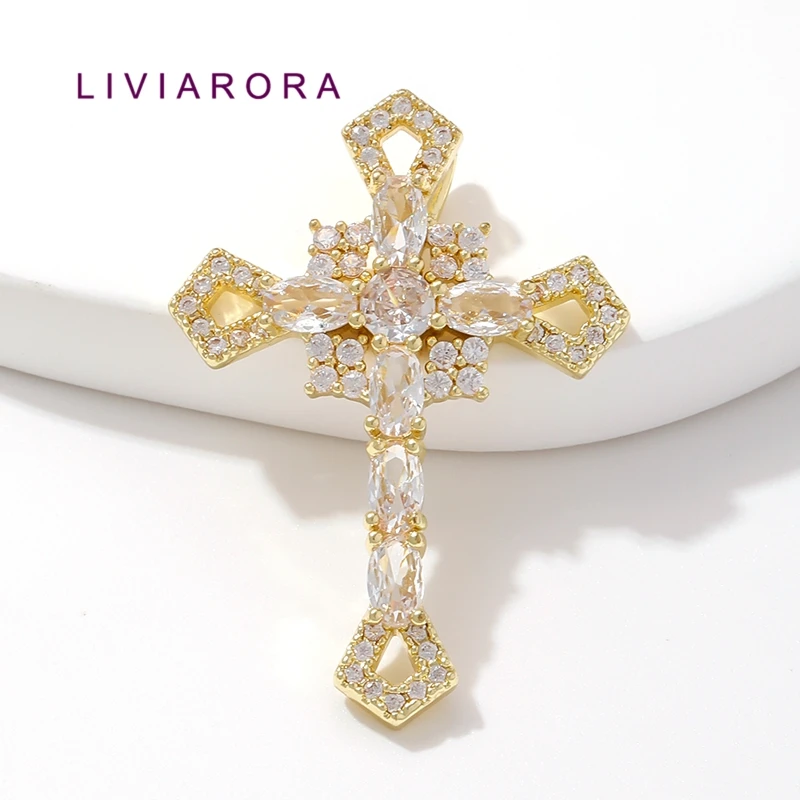 1/2Pcs 18K Gold Plated Brass Cross Pendant For Jewelry Making,CZ Openwork Baroque Religious Cross Charms For Necklace Making