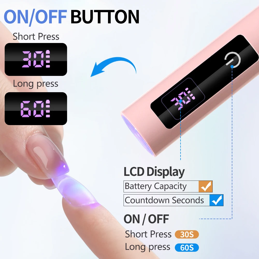 UV Nail Curing Lamp Handheld Touch Control Design Rechargeable Timer Function Suitable for Rapid Curing of Gel Nail Polish
