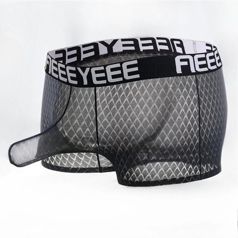 Elephant Nose Plaid Mens Underwear Sexy Transparent Shorts Boxers Thongs Mesh Men Briefs Panties Ultra-thin Breathable Lingerie
