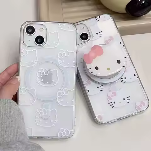 Cute Lovely Hello KItty With stand Magsafe Magnetic Phone Case for Samsung Galaxy S25 S24 S23 S22 S21 S20 FE Edge Plus Ultra 5G